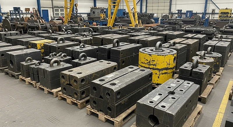 A large warehouse filled with various metal parts, including numerous counterweights, organized on shelves and pallets