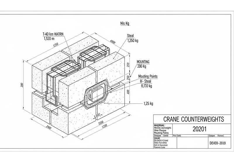 Drawing of a concrete block with dimensions, labeled as a counterweight for stability in construction applications