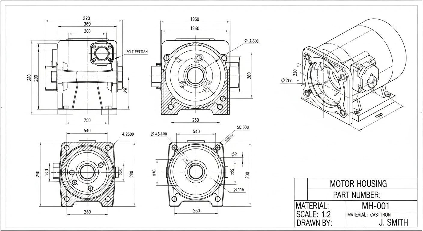 machine drawing, a motor housing
