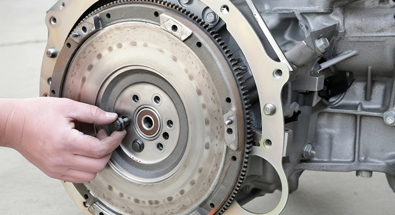 A person adjusts the timing belt on a car engine, focusing on the flywheel for precise alignment and functionality