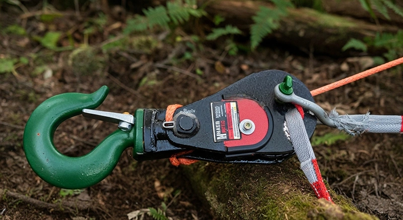 A snatch block tool in green and orange, equipped with a hook for efficient lifting and rigging tasks