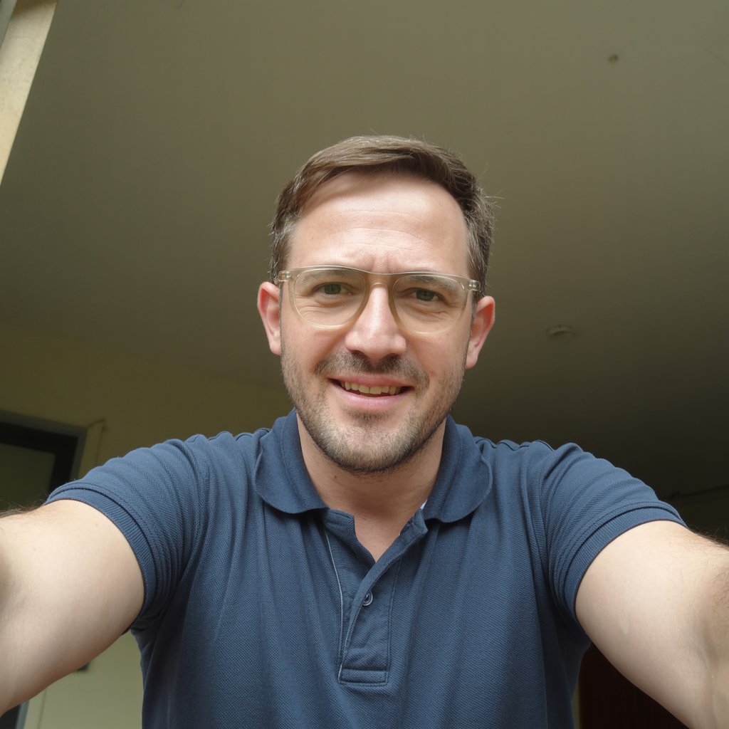 A casual selfie photograph of a man named David Thompson taken at arm's length with a smartphone camera