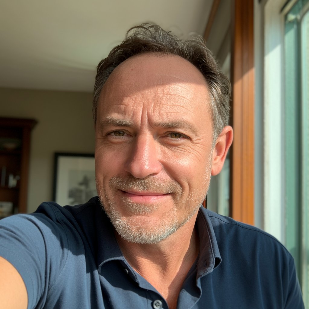 A casual selfie photograph of a middle-aged man named Robert Anderson taken with a smartphone camera