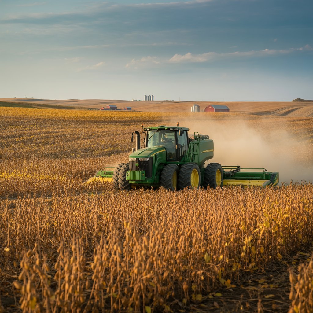 A photograph of a large green and yellow John Deere tractor working through vast fields of mature soybean crops in the American Midwest