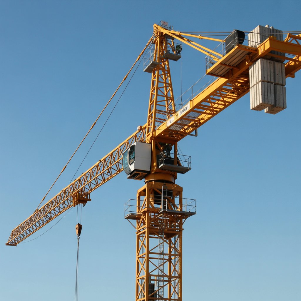A photograph of a massive yellow construction crane towering against a clear blue sky
