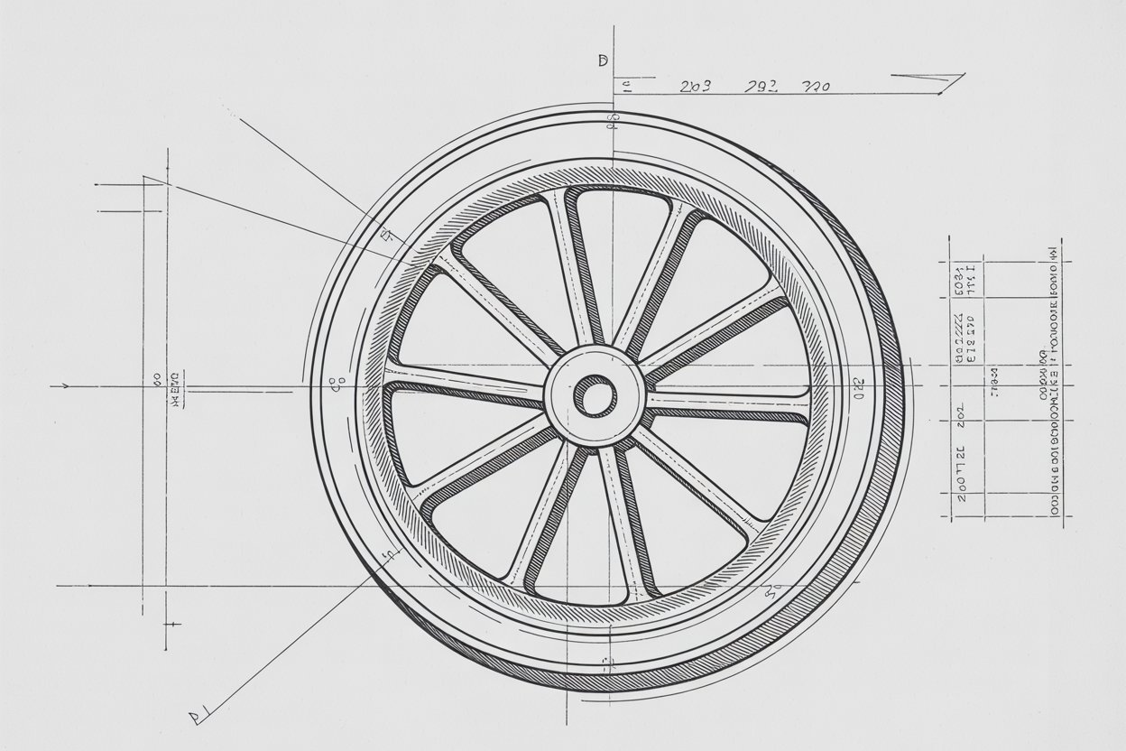 A detailed technical drawing of a handwheel mechanism rendered in precise black ink lines on crisp white paperion