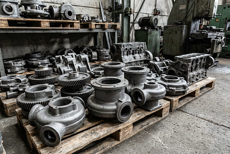 A high-quality industrial photograph of various grey iron mechanical parts and components arranged on wooden pallets in a factory storage area