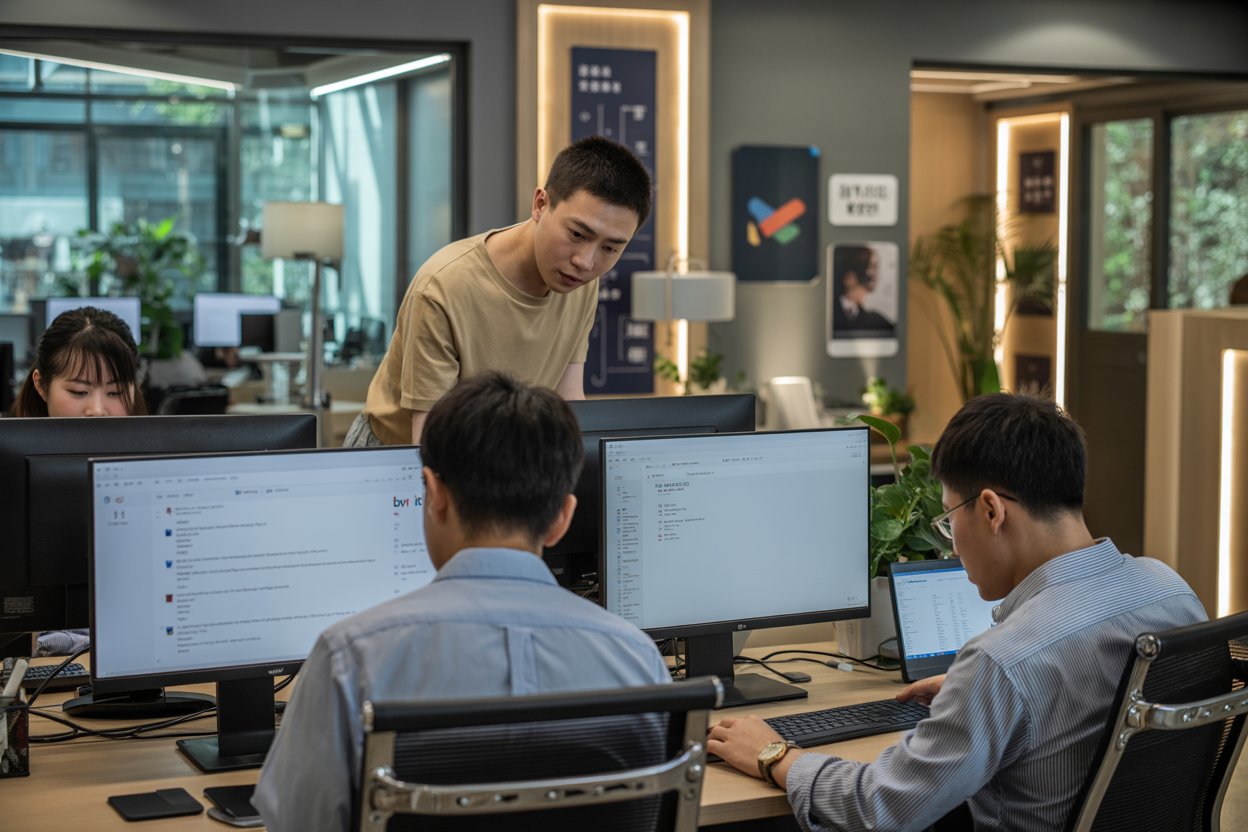 A photograph of a diverse Chinese customer support team working collaboratively in a modern office environment