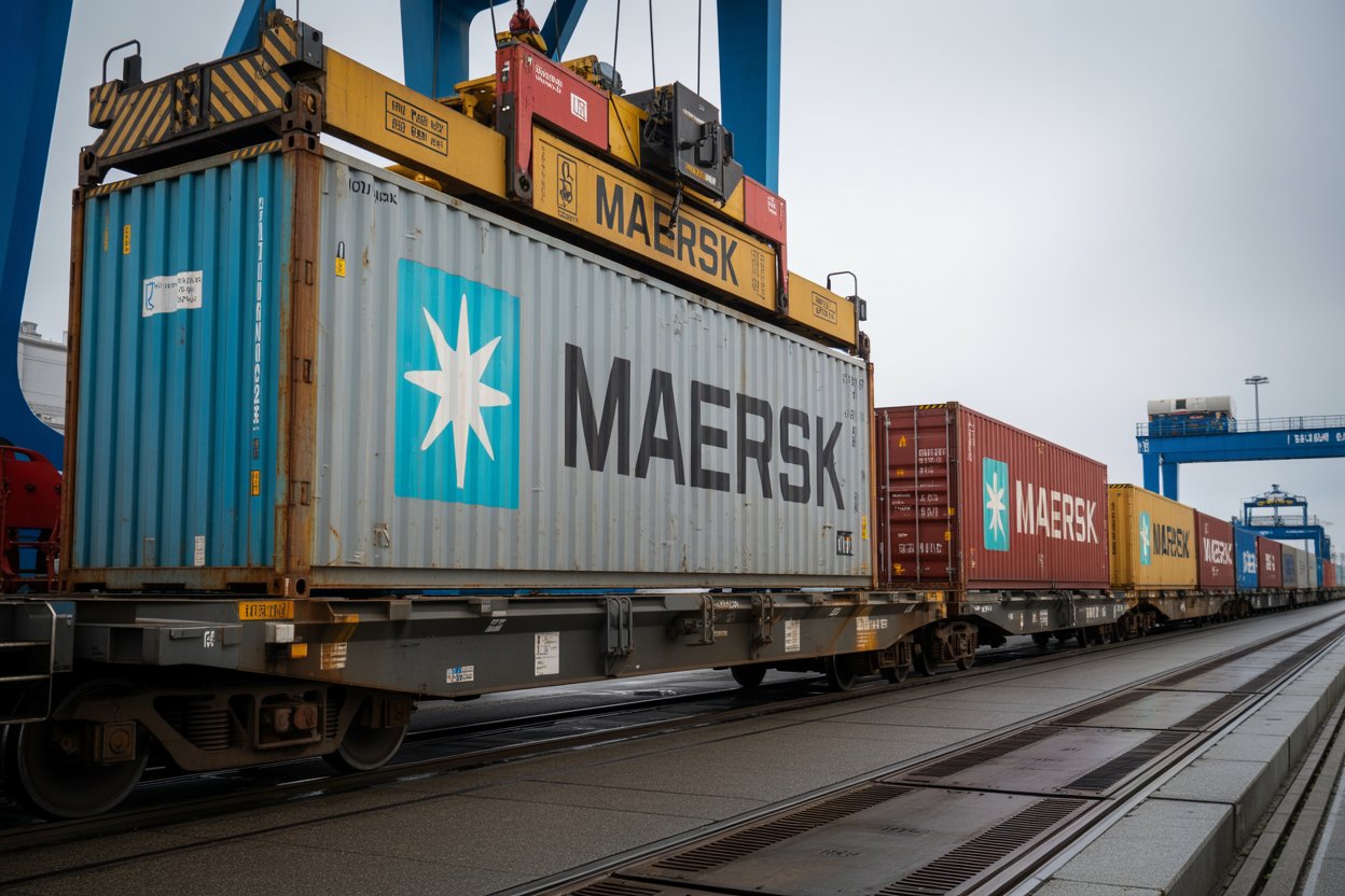 A photograph of a freight train loading shipping containers at an industrial rail yard