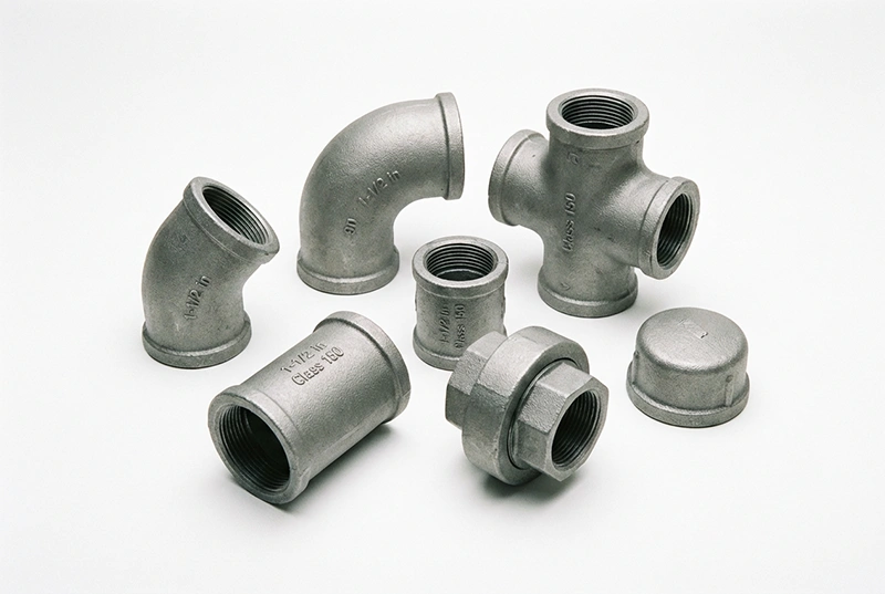 A product photography layout of six malleable cast iron plumbing fittings arranged on a white background