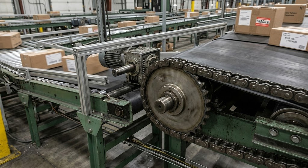 A close-up industrial photograph of a conveyor system in a warehouse