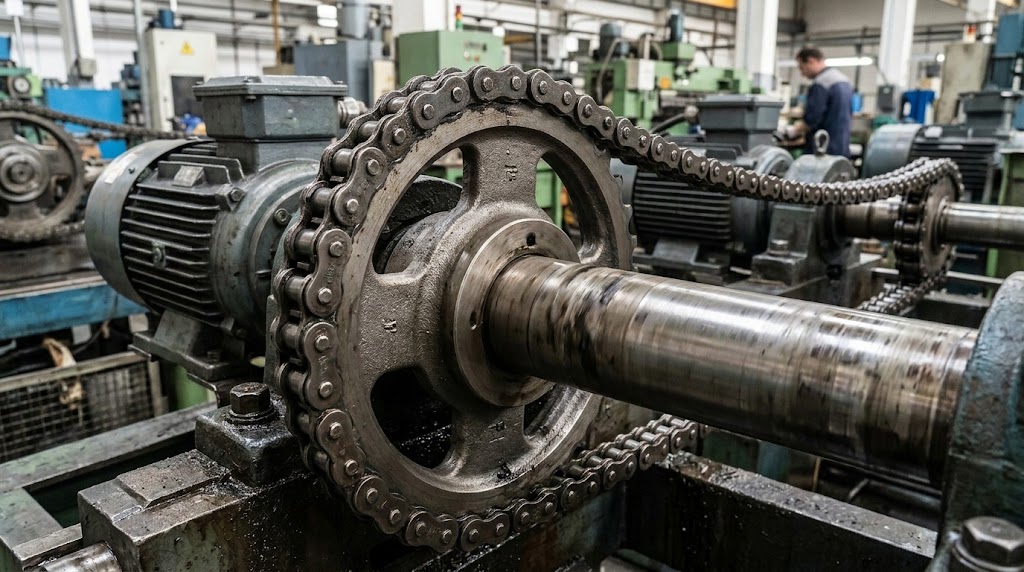 A close-up industrial photograph of a large metal sprocket chain drive mechanism in a factory setting