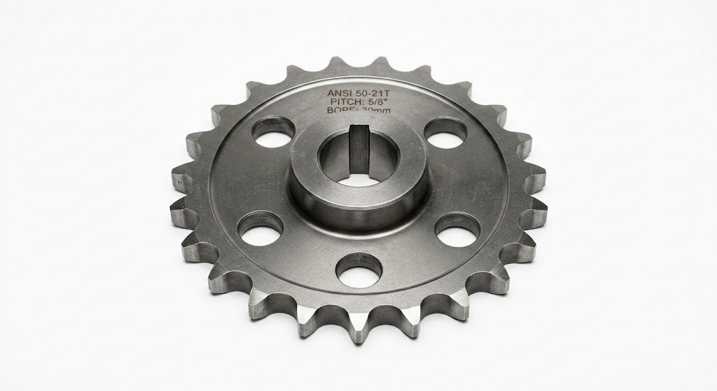 A high-quality product photograph of a gray metal sprocket against a pure white background
