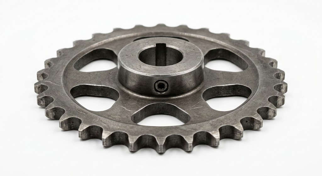 A high-quality product photograph of a gray metal sprocket gear against a pure white background