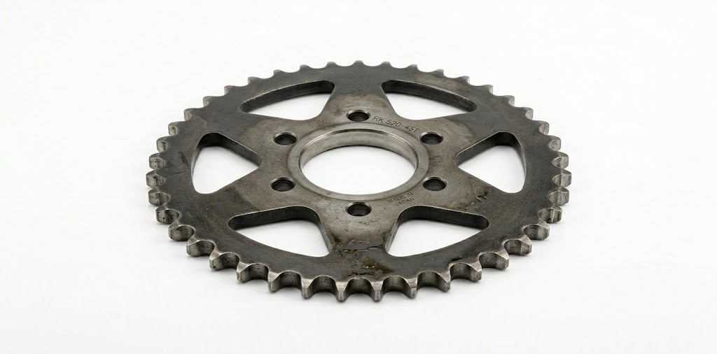 A high-quality product photograph of a motorcycle sprocket against a pure white background
