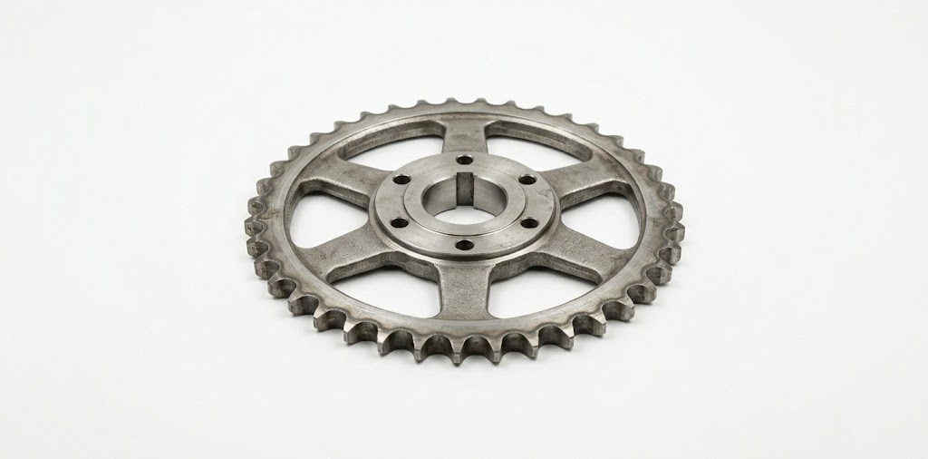 A high-quality product photograph of a silver metal sprocket gear against a pure white background