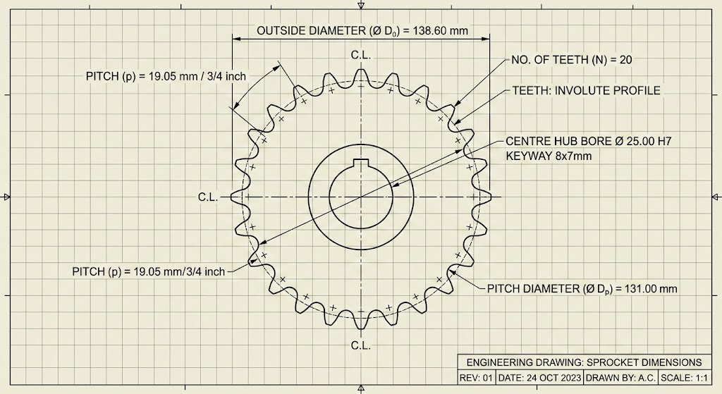 A technical engineering drawing of a sprocket on a light beige graph paper background
